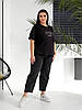 Жіночий прогулянковий костюм: бавовняна футболка та укорочені чорні льняні штани, батал великі розміри, фото 3