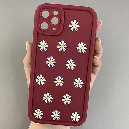 Чохол для iPhone 11 Pro Max чохол з високими бортами з ромашками на айфон 11 про макс бордовий q05j, фото 1
