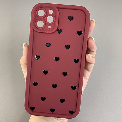 Чохол для iPhone 11 Pro Max чохол з високими бортами з сердечками на телефон айфон 11 про макс бордовий q06e, фото 1