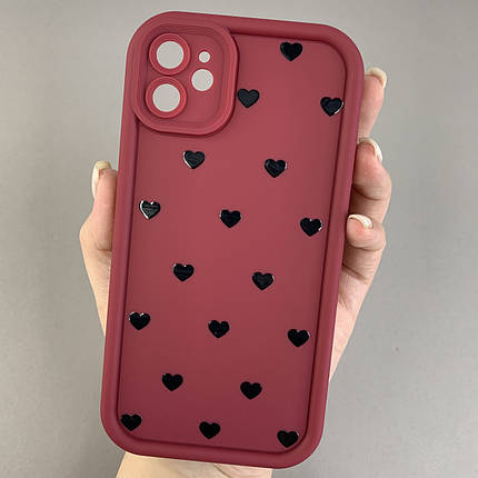 Чохол для iPhone 11 чохол з високими бортами з сердечками на телефон айфон 11 бордовий q06e, фото 1