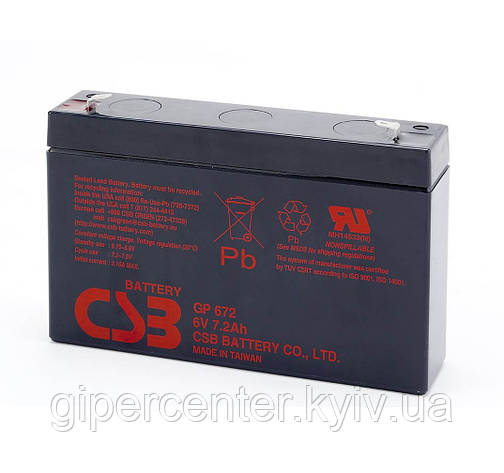 Акумуляторна батарея CSB GP672, 6 V 7.2 Ah (151х34х100 мм), 1.22kg Q10, фото 1