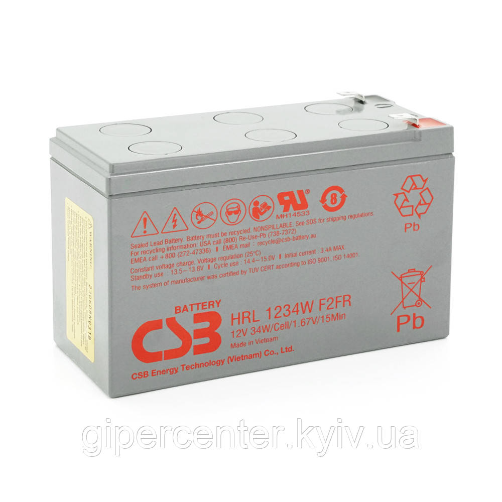 Акумуляторна батарея CSB HRL1234WF2FR, 12 V 9 Ah (151х65х98мм), 2.62 kg, Gray, Q10