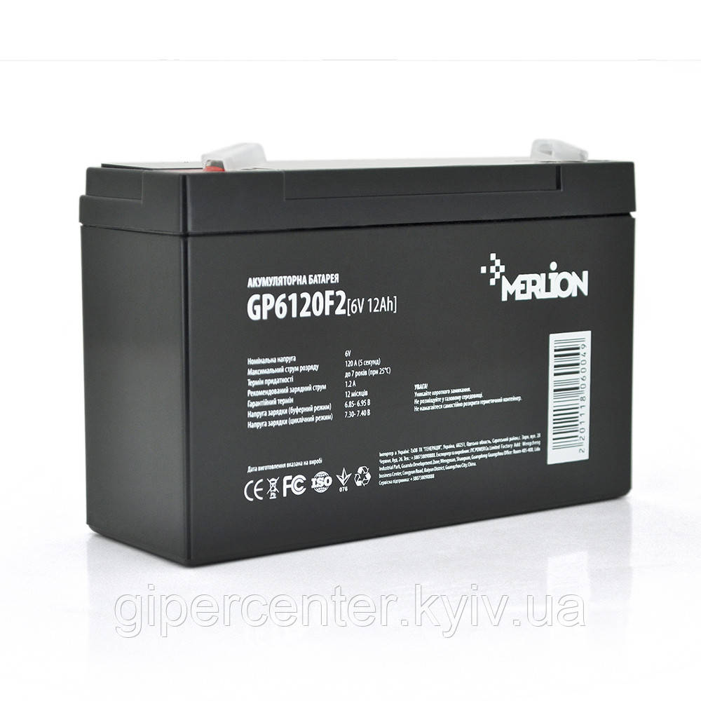 Акумуляторна батарея MERLION AGM GP6120F2 6 V 12 Ah ( 150 x 50 x 95 (100) ), 1.87 kg Q10