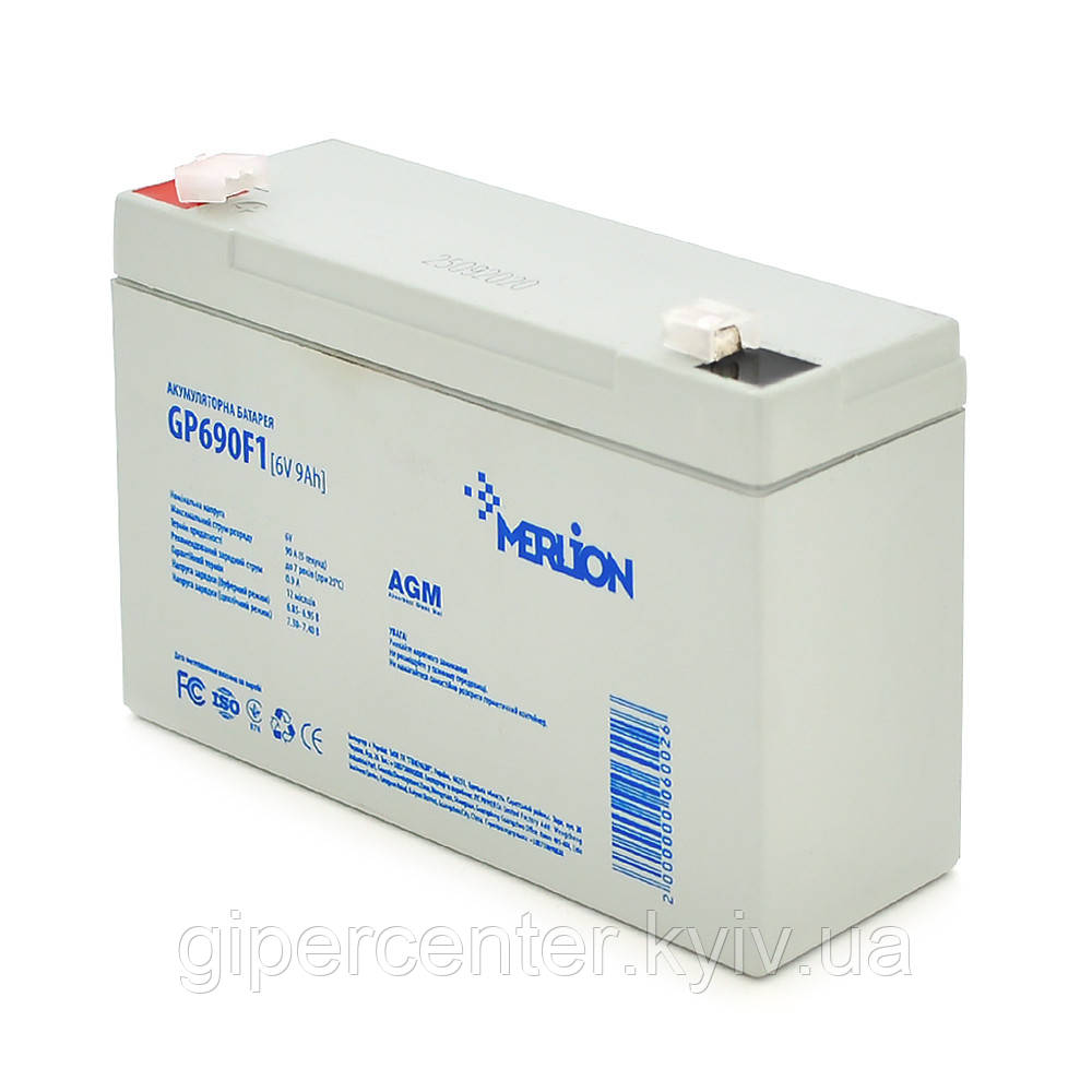 Акумуляторна батарея MERLION AGM GP690F1 6 V 9 Ah ( 150 x 49 x 95 (100)), 1,54 кг Q10