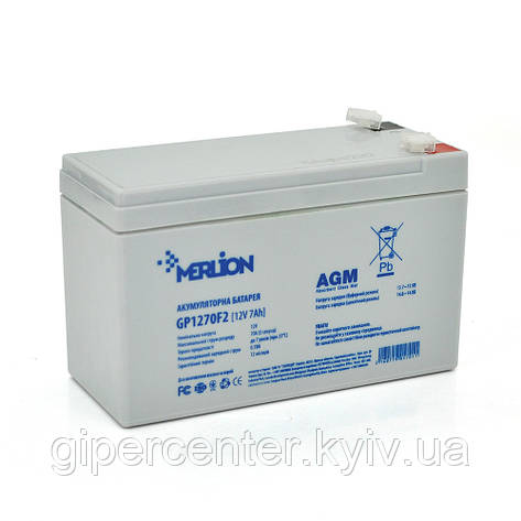 Акумуляторна батарея MERLION AGM GP1270F2 12 V 7 Ah ( 150 x 65 x 95 (100) ), 1.9 kg White Q10/480, фото 1