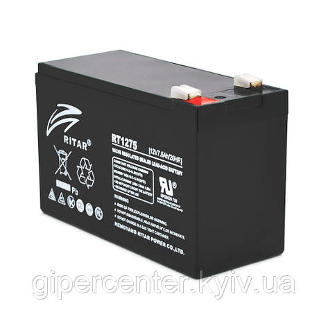 Акумуляторна батарея AGM RITAR RT1275B, Black Case, 12 V 7.5 Ah ( 151 х 65 х 94 (100) ), 2.13 kg Q10, фото 1