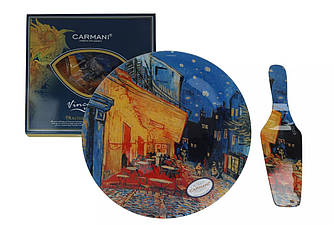 Скляна тарілка для торта з лопаткою Ван Гог Нічна тераса в кафе Carmani d-30 см(198-1227)