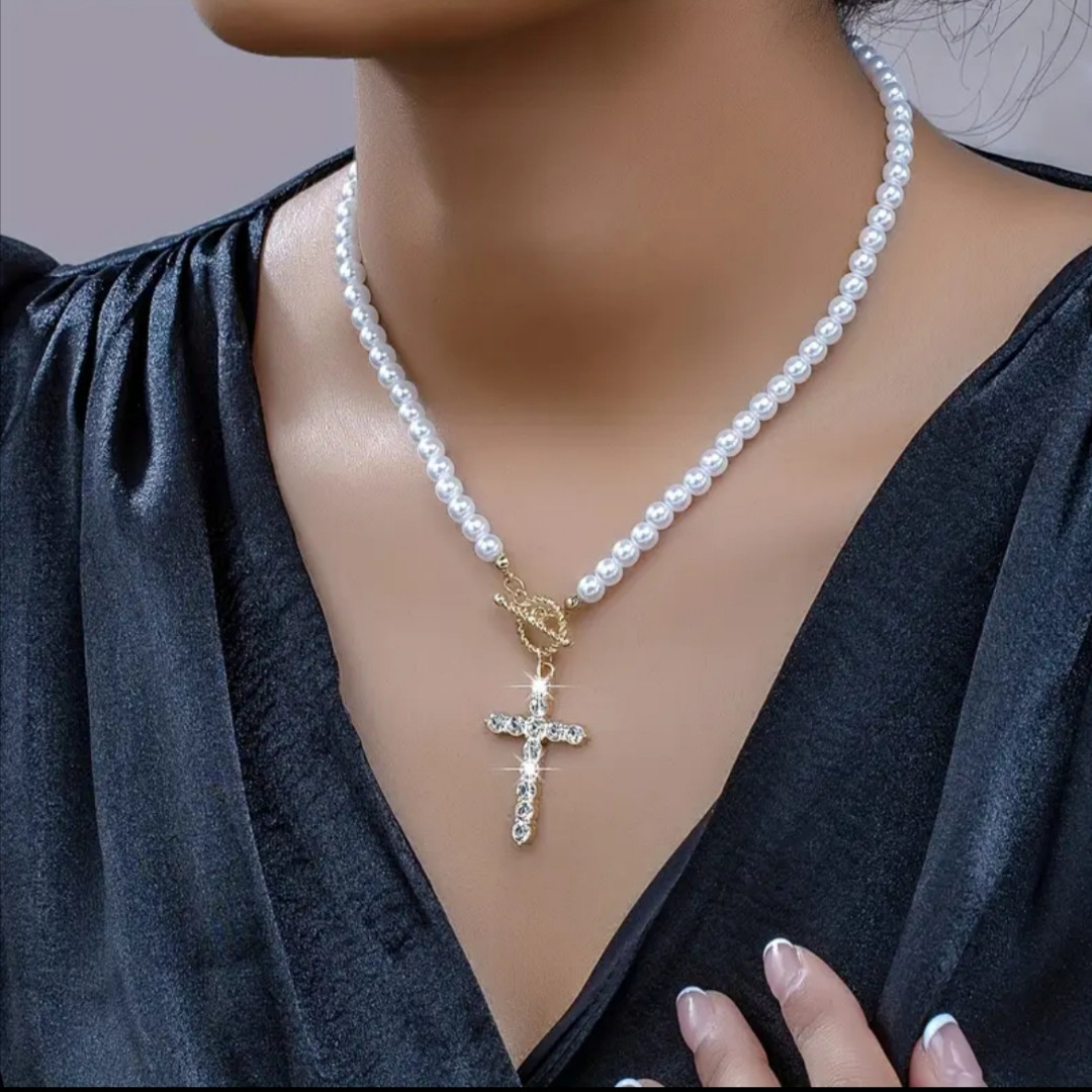 Намисто зі штучних перлів з підвіскою хрест з камінням Кулон для жінок, фото 1