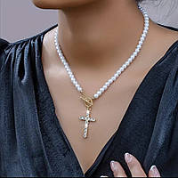 Намисто зі штучних перлів з підвіскою хрест з камінням  Кулон для жінок