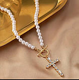 Намисто зі штучних перлів з підвіскою хрест з камінням Кулон для жінок, фото 3
