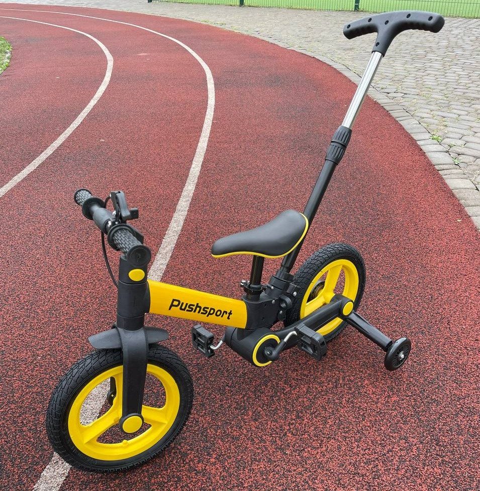 Дитячий велосипед велобіг Pushsport 4 в 1 з батьківською ручкою жовто-чорний