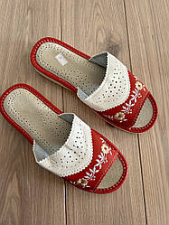 Жіночі шкіряні капці для дому червоні квіти