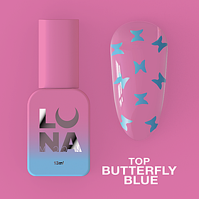 Топ для нігтів LunaMoon Butterfly Blue прозорий з блакитними метеликами, 13 мл