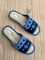 Жіночі шкіряні капці для дому сині ромбики