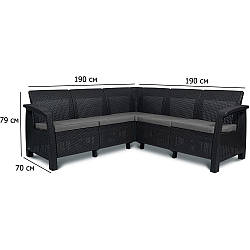 Диван садовий кутовий Corfu Relax 190х79 см пластиковий графіт з подушками