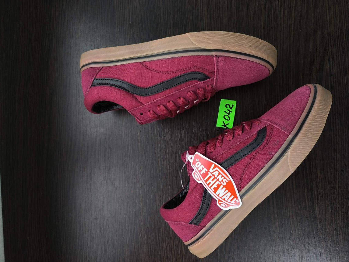 СКИДКА 42р Кеды Бордо на рыжей подошве Vans Old Skool кроссовки оригинал WineRed / GREY текстиль замша унисекс, фото 1