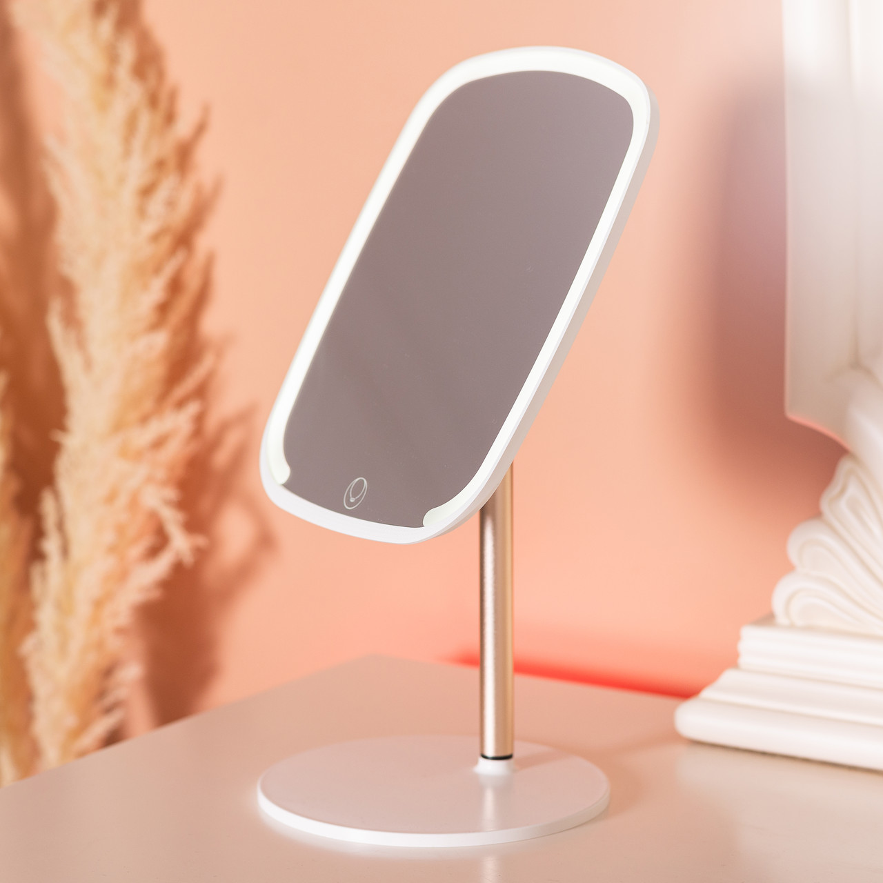 Косметичне настільне дзеркало на ніжці з LED-підсвіткою і сенсорним управлінням біле