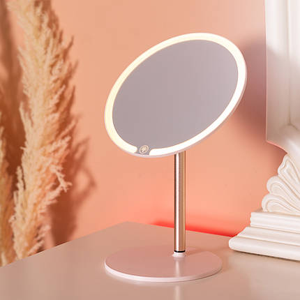 Косметичне настільне кругле дзеркало 21 см з LED-підсвіткою та USB рожеве, фото 1