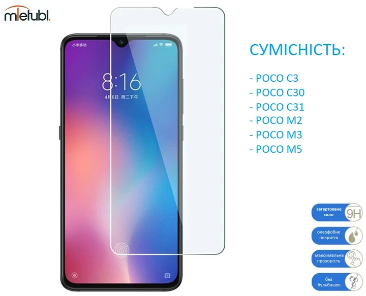 Захисне скло Mietubl ESD Anti-Static для Xiaomi Poco C3, Poco C30, Poco C31, Poco M2, Poco M3, Poco M5 (0.3 мм, 2.5D) без рамок,