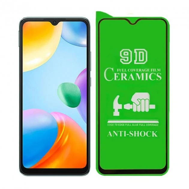 Протиударна захисна плівка Ceramics 9D для Xiaomi Redmi 12C Full Glue (0.3 мм, 9D) з чорною рамкою