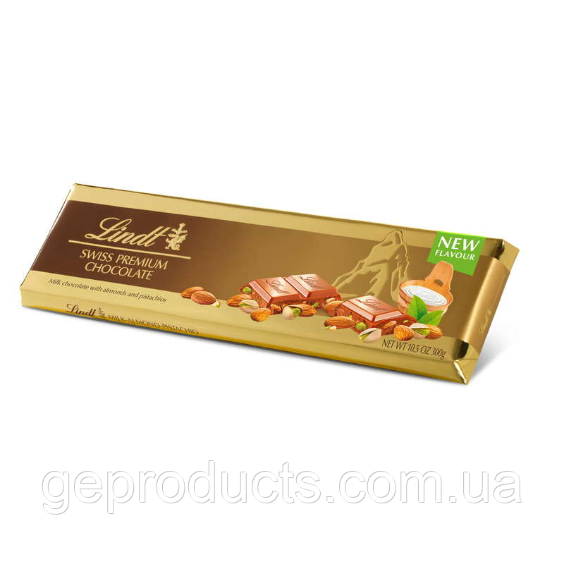 Молочний шоколад Lindt з цільними фісташкою та мигдалем 300 г