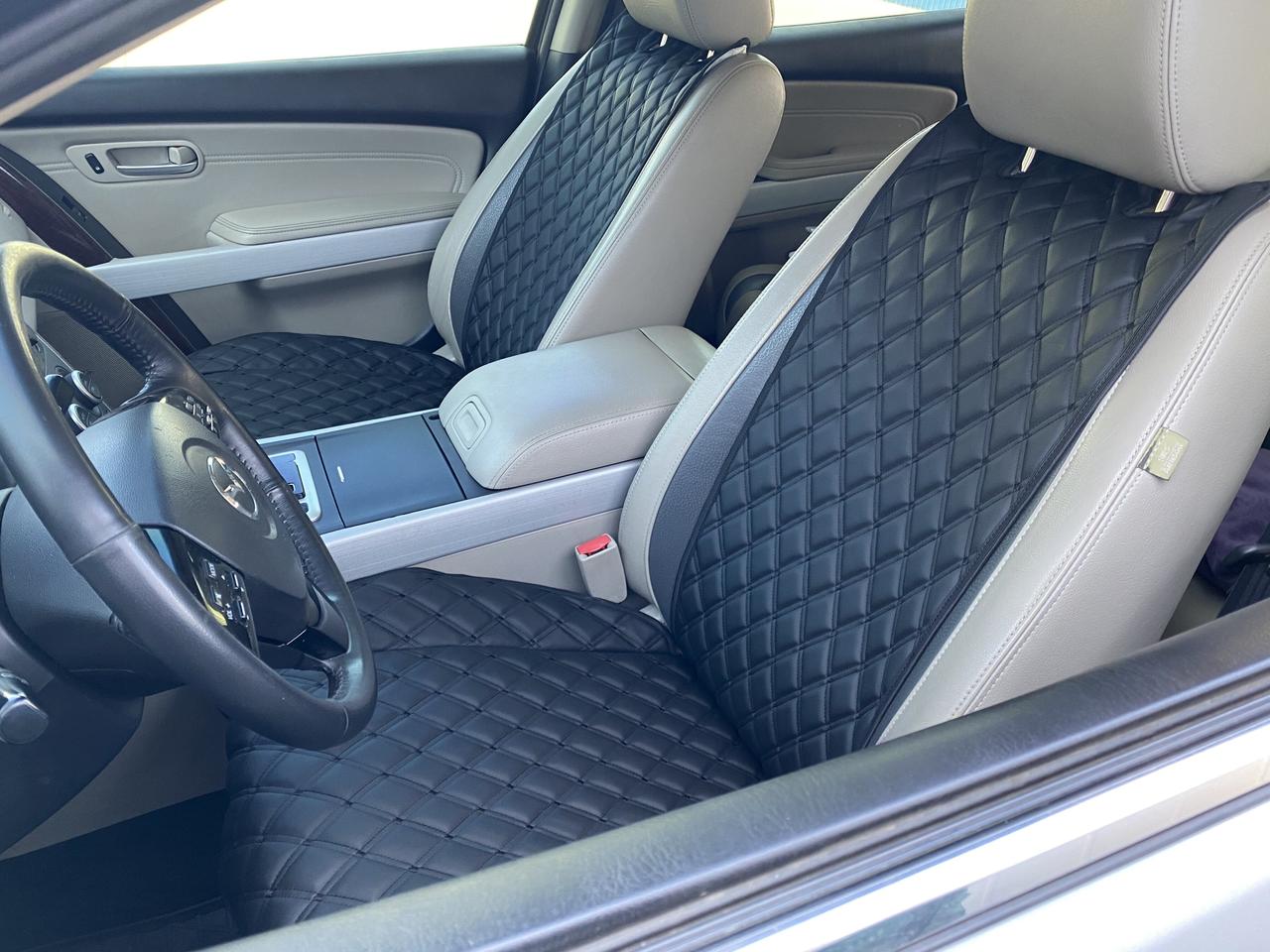 Накидки для авто з екошкіри, Чорні з подвійною чорною стрічкою, Преміум, Передній комплект