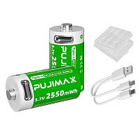 2 Акумулятори Pujimax CR123A 16340 з USB TYPE-C + кейс + кабель, Green