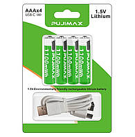 Акумулятор AAA Pujimax з USB Type-C 1100 mWh 1.5V Li-ion (Блістер 4 шт + кабель)