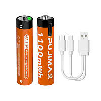 2 Акумулятора AAA Pujimax с USB Type-C 733mAh + кабель, Orange