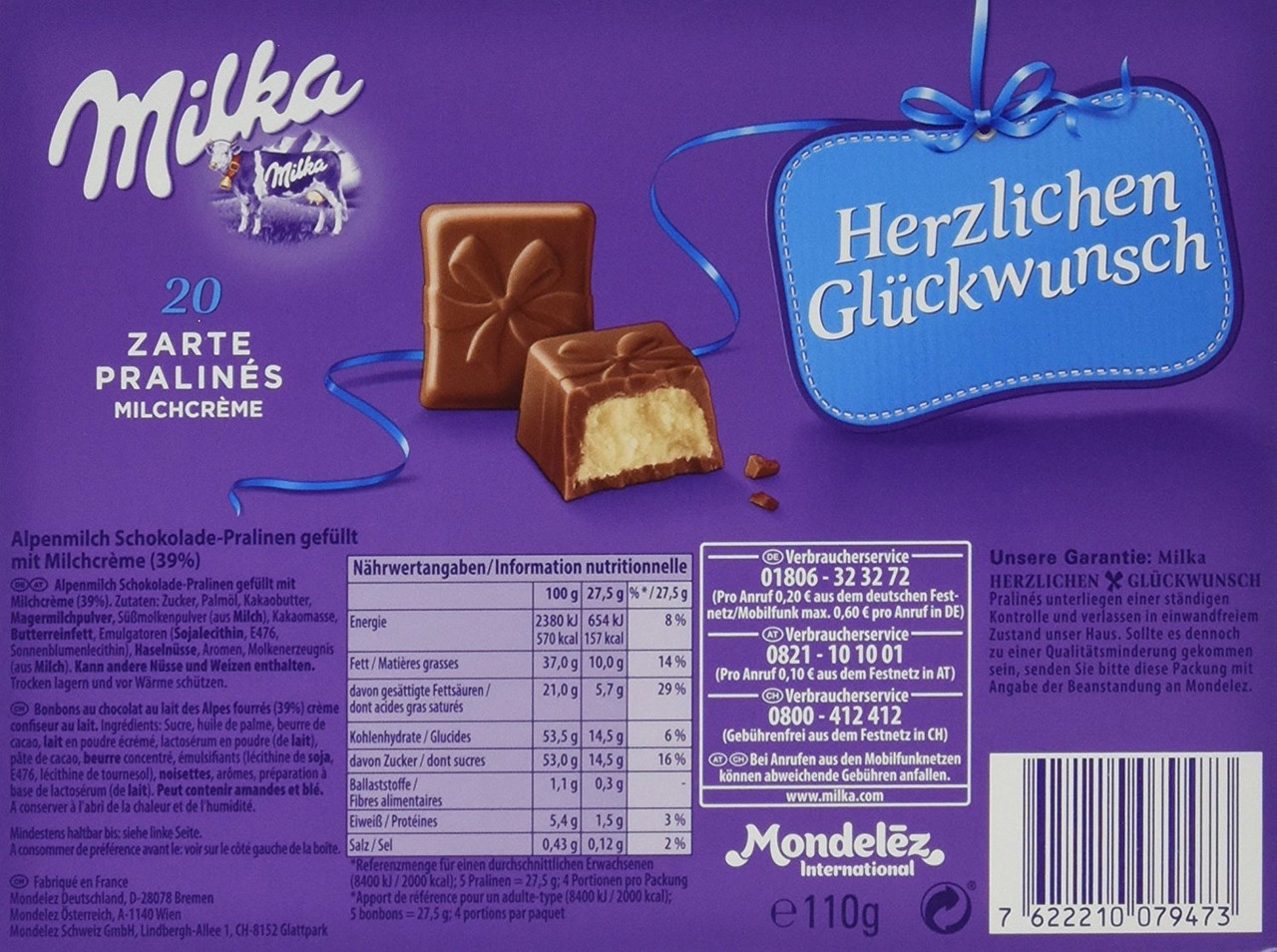 Шоколадные конфеты в коробке Milka Herzlichen Glückwunsch с пралине, 110 гр - фото 3 - id-p462555532