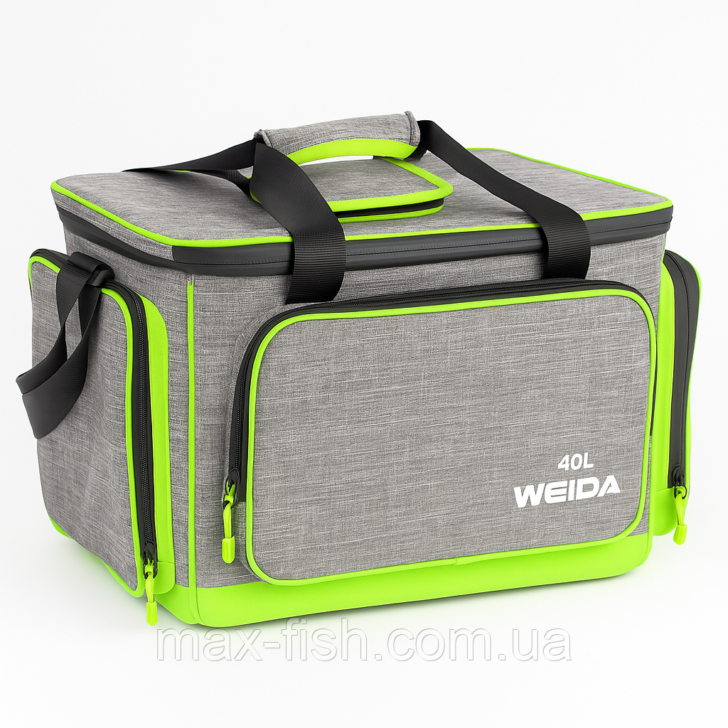 Термосумка Weida 40 л Сіра з зеленими вставками Сумка-холодильник для кемпінгу, пікніка, авто 36×31×29 см, фото 1