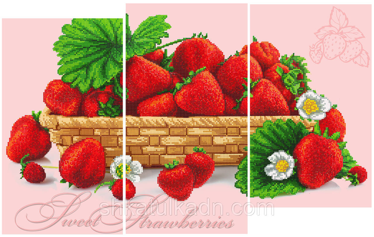 Схема для вишивання бісером триптих Полуничний натюрморт, фото 1