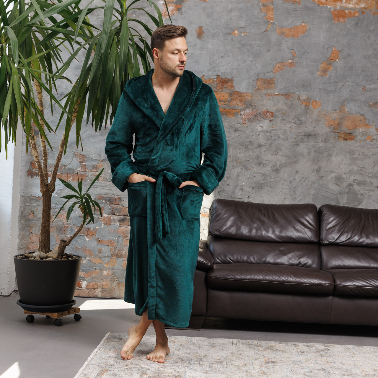 Халат махровий чоловічий Туреччина м'який теплий з капюшоном і кантом смарагдовий, Халати чоловічі з капюшоном