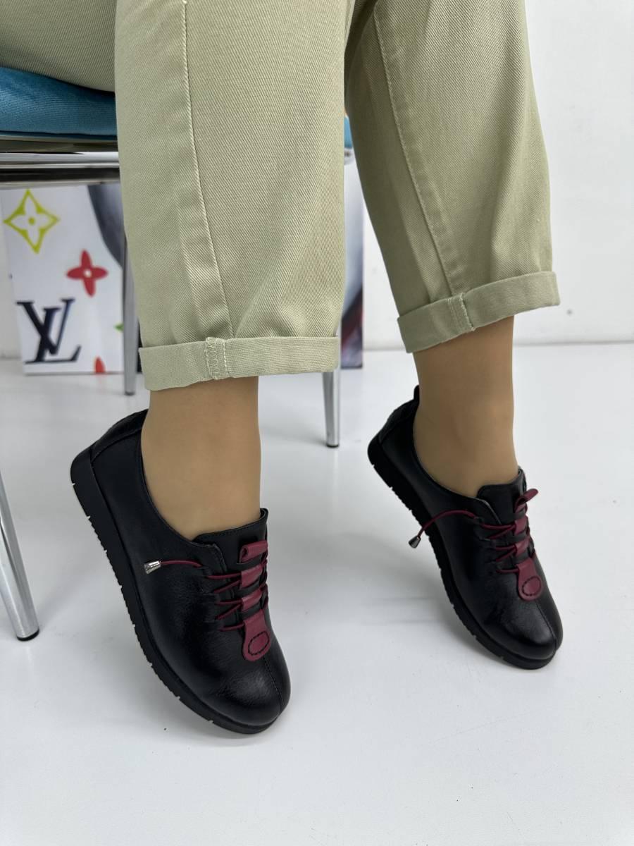 Мокасини жіночі Aras Shoes 1675-black-bordo шкіряні чорні на низькому ходу 37, фото 1