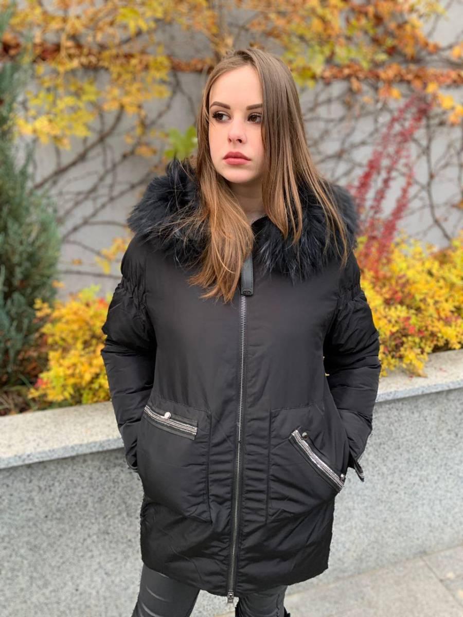 Чорний пуховик напівпальто CHANEVIA 92012-47-black з каптуром, фото 1