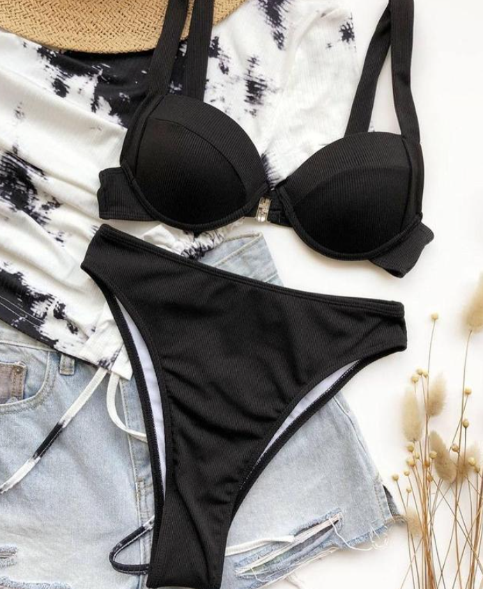 Сексуальний однотонний жіночий купальник із кісточкою чорного кольору