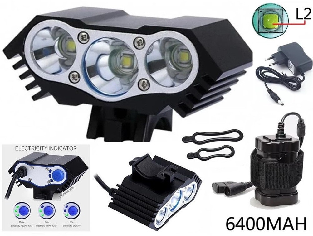 Велофара SOLARSTOR x3 СОВА + Акумуляторний блок 6400mAh (IPX6, 4 Mode, L2 LED) ПОВНИЙ КОМПЛЕКТ, фото 1
