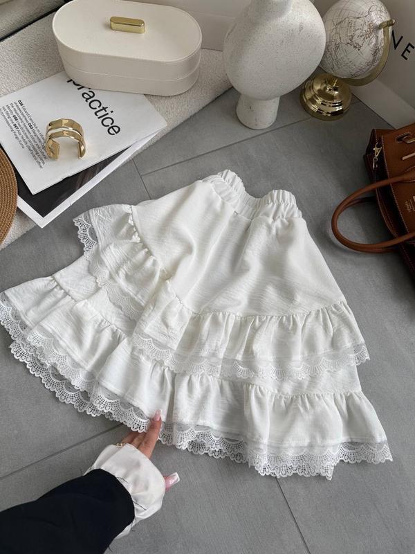 Романтична спідниця міні з мереживом легка юбка крепова на резинці, фото 1