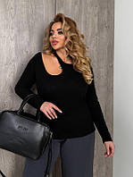 Лонгслів батал в рубчик з вирізом на плечі жіночий облягаючий