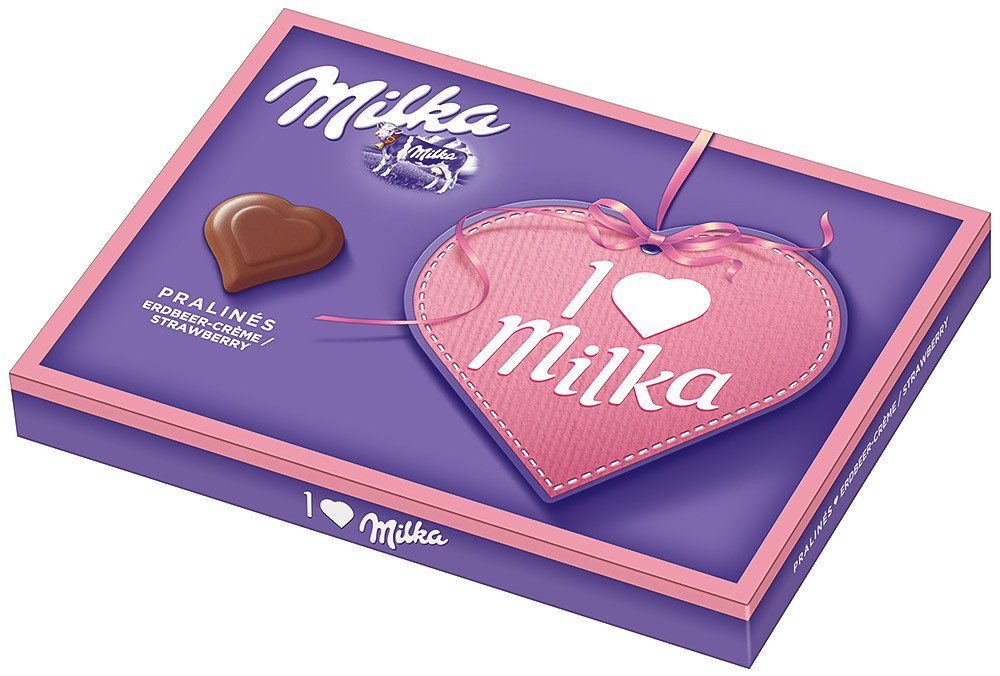 Шоколадні цукерки в коробці Milka I Love з полуничним праліне, 110 г, фото 1