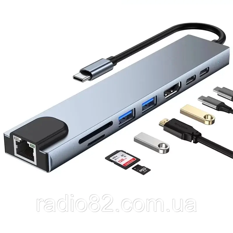 USB-розгалужувач для MacBook Type-C на 8-Port USB TypeC 3.0 Mini Hub SD, TF, RJ 45