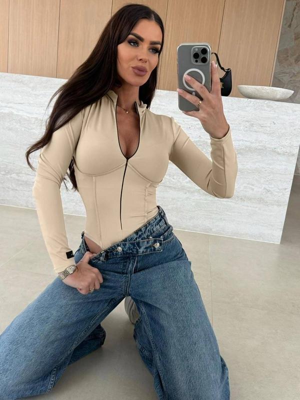 Той самий жіночий боді з довгим рукавом на блискавці обтягуючий з імітацією корсету, фото 1