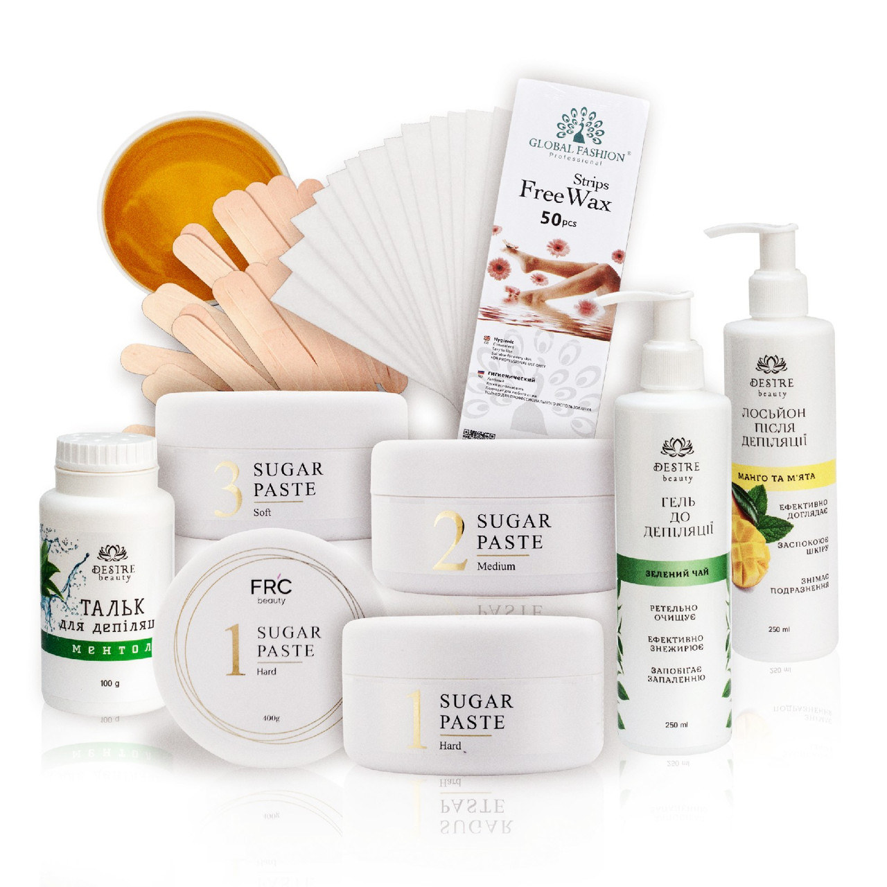 Набір для депіляції SUGAR PASTE 3 (3 типи цукрової пасти, засоби «до» і «після», тальк, смужки, шпателі), фото 1