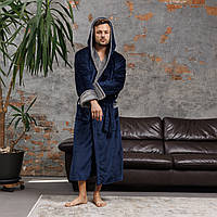Махровый качественный длинный халат для дома мужской теплый с капюшоном синий, Халаты банные мужские