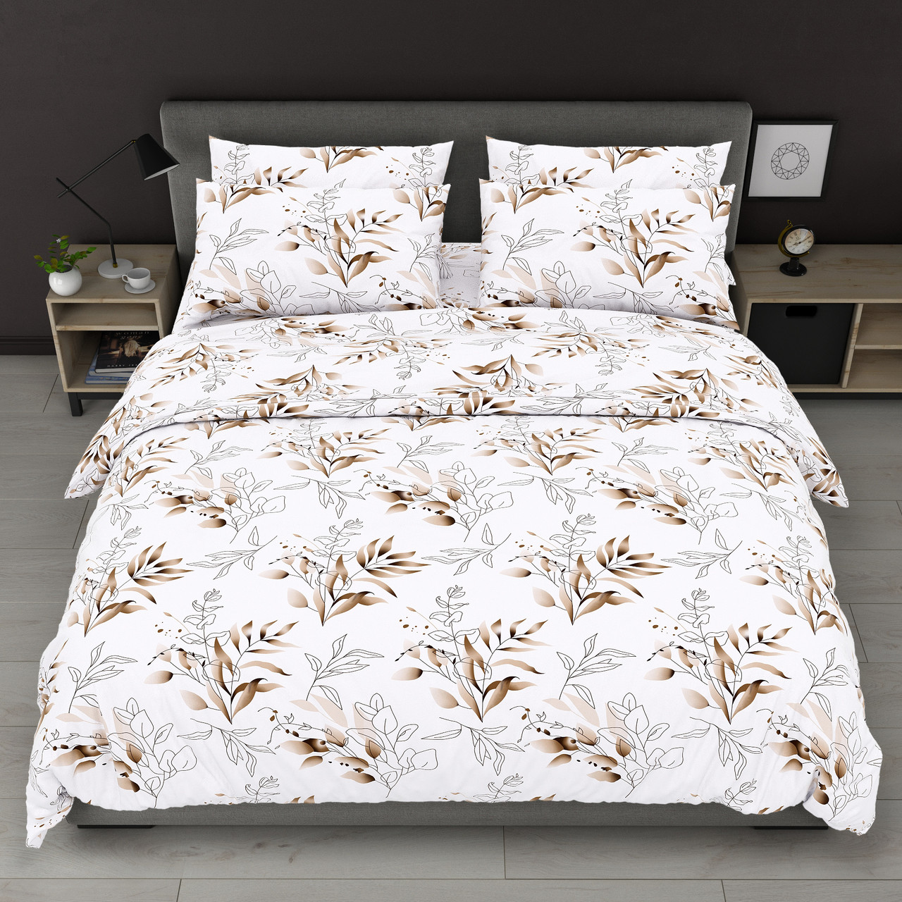 Підковдра на блискавці 145х215 (Бязь) | Полуторна підковдра від виробника "Королева Ночі" | Гілки з листям на світлому, фото 1