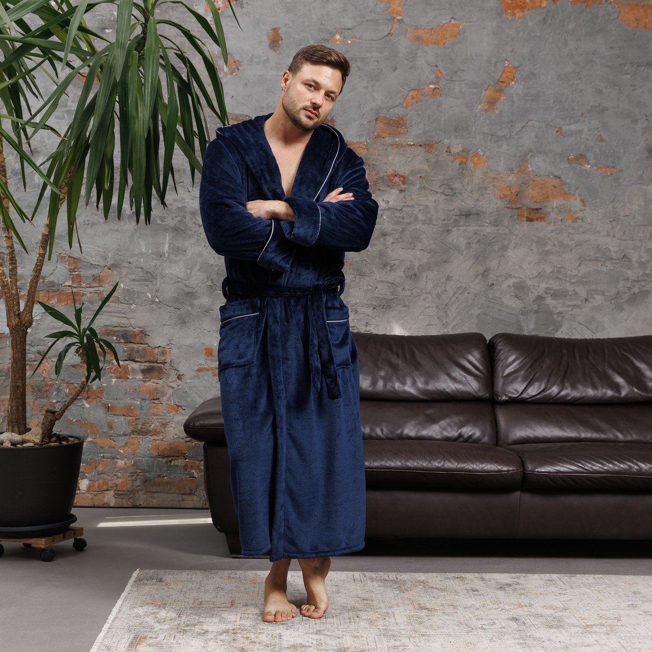 Халат теплий махровий лазневий для дому чоловічий синій з капюшоном та кантом від виробника, Чоловічі халати