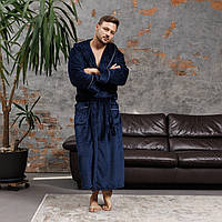 Халат теплый махровый банный для дома мужской синий с капюшоном и кантом от производителя, Мужские халаты