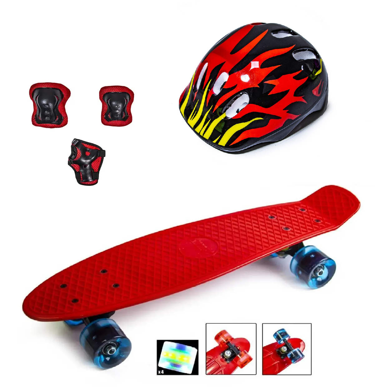 Penny Board. Red.+ захист + шолом. Блискучі колеса.