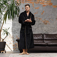 Мужской теплый махровый халат длинный с воротником и кантом от производителя черный, Мужские халаты Турция