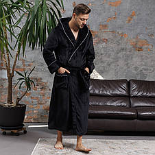 Турецький чоловічий теплий махровий халат з капюшоном та кантом від виробника чорний, Чоловічі халати, фото 2
